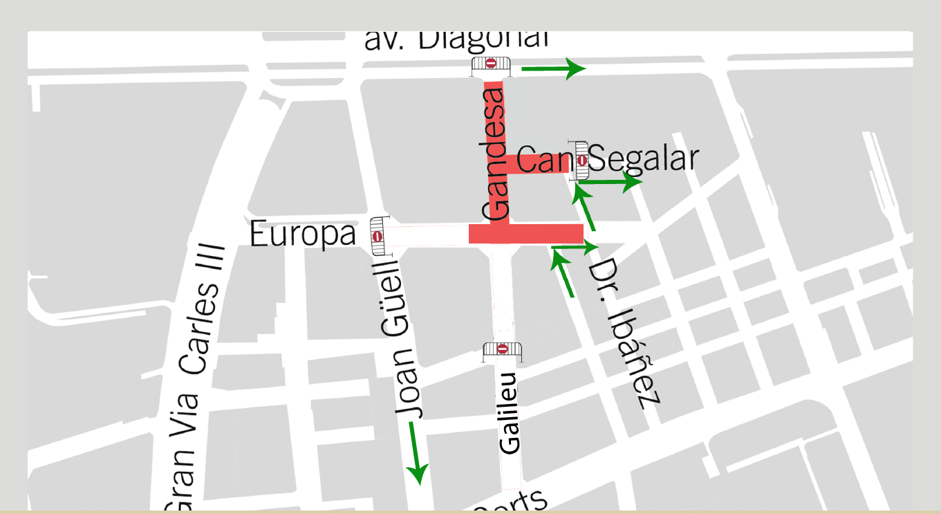 Mapa cortes de transito en Les Corts por la verbena de Sant Joan