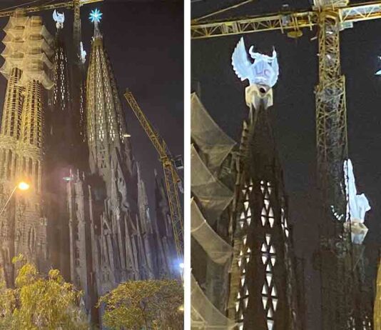 La Sagrada Familia enciende las torres de los evangelistas Marco y Lucas La Sagrada Familia enciende las torres de los evangelistas Marco y Lucas