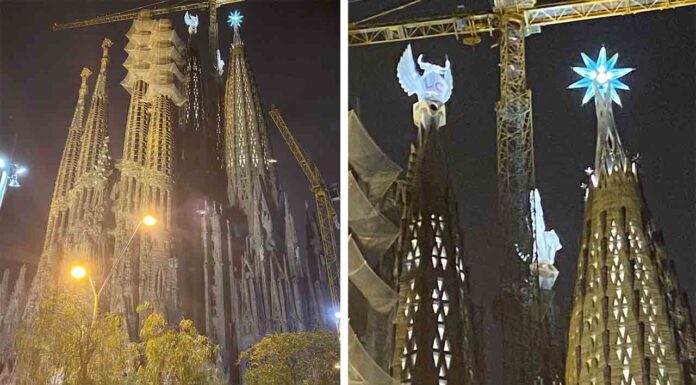 La Sagrada Familia enciende las torres de los evangelistas Marco y Lucas La Sagrada Familia enciende las torres de los evangelistas Marco y Lucas
