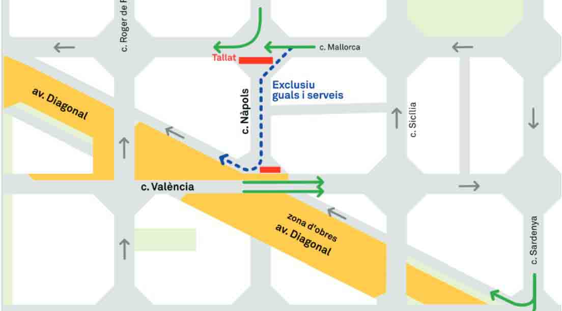 Mapa | Afectaciones a la movilidad en las calles Mallorca, València y Nàpols