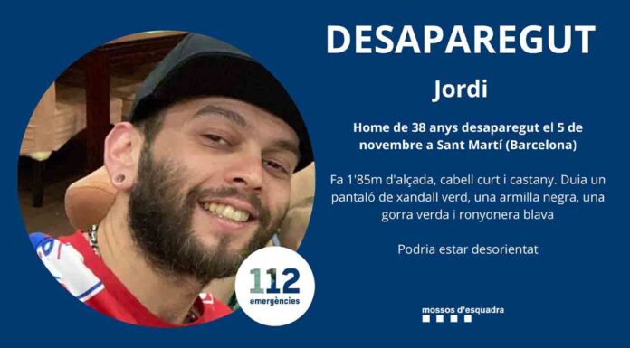 Los Mossos encuentran sano y salvo a Jordi, desparecido en Sant Martí Los Mossos buscan a Jordi de 38 años desaparecido en Sant Martí