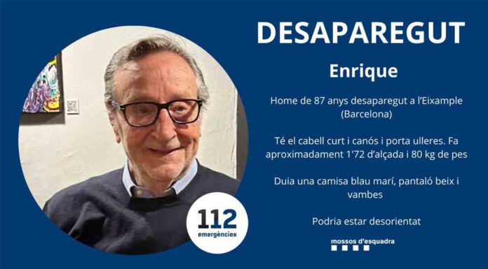 Encuentran sin vida a Enrique, el hombre de 87 años desaparecido Buscan a Enric, un hombre de 87 años desaparecido en el Eixample